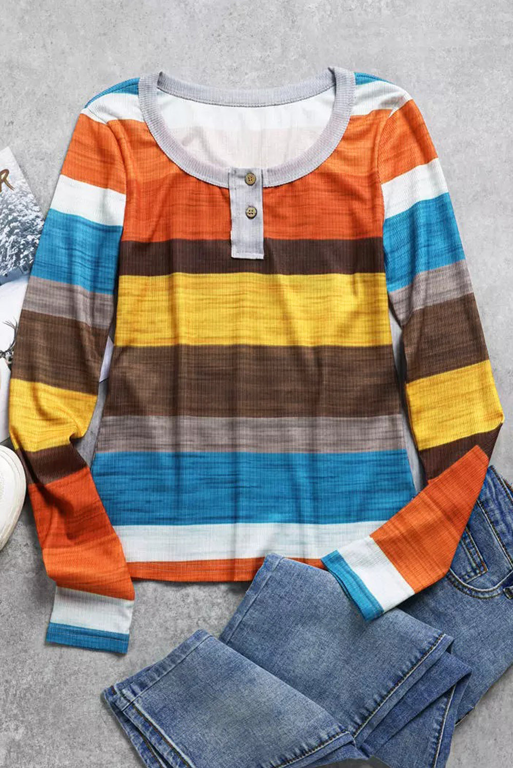 Stripe Multicolor Knit Button Notched Neck Top Long Sleeve Tops JT's Designer Fashion