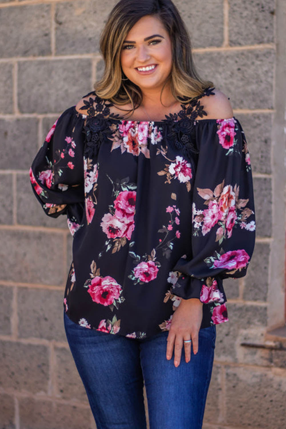 Black Plus Size Crochet Detail Off-shoulder Floral Blouse Plus Size JT's Designer Fashion