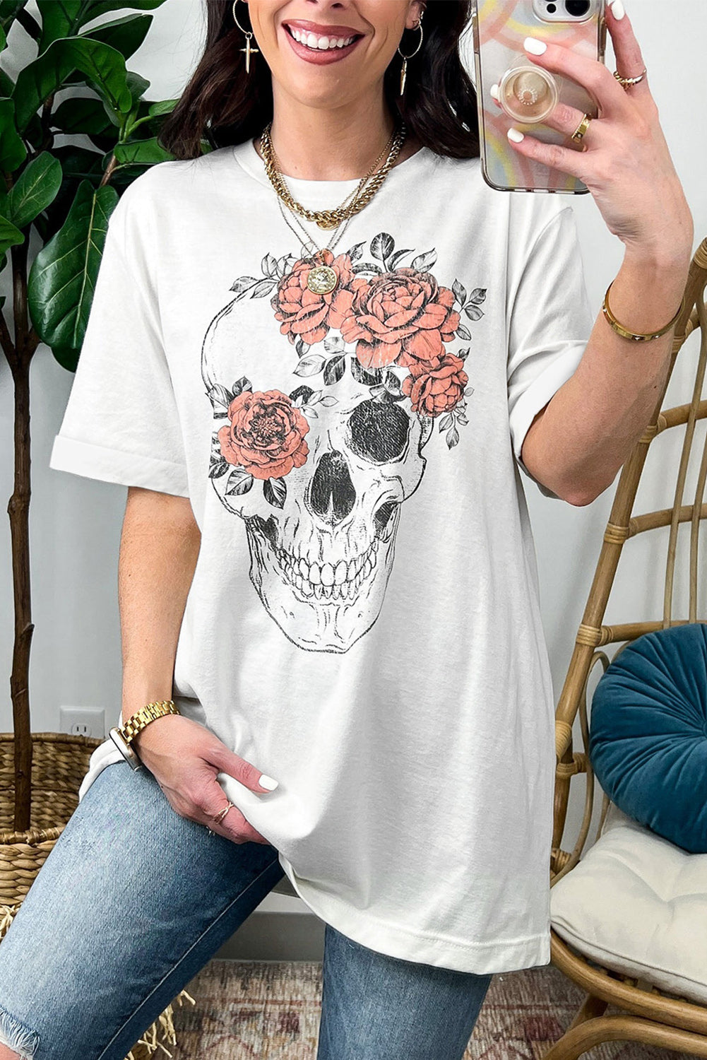 White Skull Flower Oversized Graphic Tee Graphic Tees JT's Designer Fashion