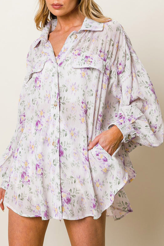 Purple Floral Print Pleated Flap Pocket Shirt Purple 100%Polyester Blouses & Shirts JT's Designer Fashion