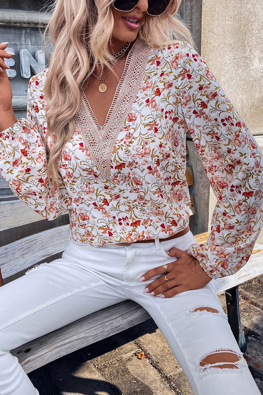 White Floral Long Sleeve Lace V-Neck Blouse Tops & Tees JT's Designer Fashion