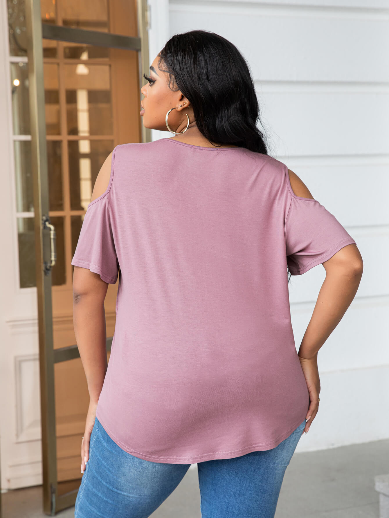 Plus Size Cold-Shoulder Round Neck Curved Hem Tee Plus Size Tops JT's Designer Fashion