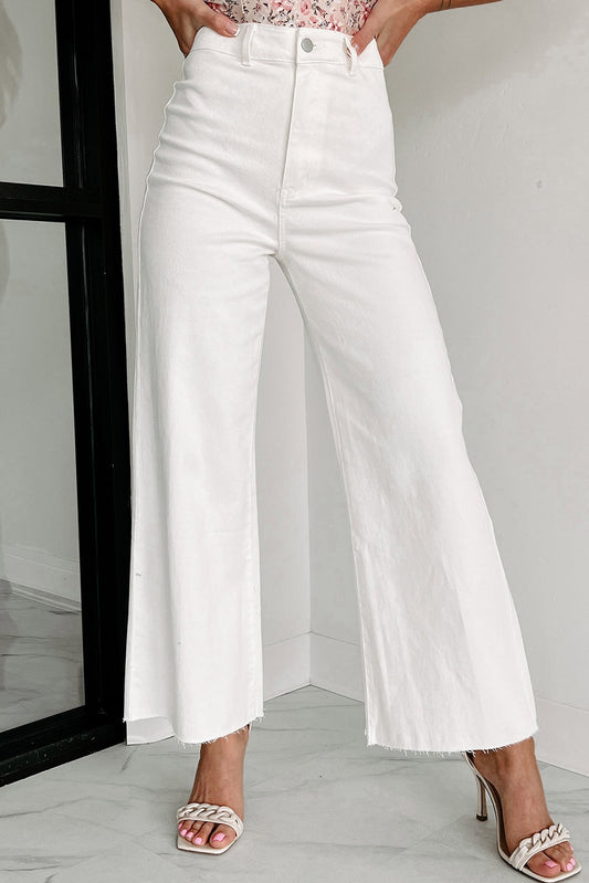 White Solid Raw Hem Flared Bottom Jeans Bottoms JT's Designer Fashion