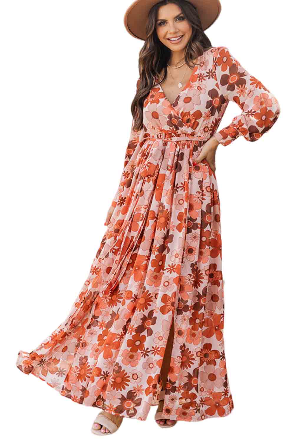 Orange Floral V-Neck Long Sleeve Belted Maxi Dress Dresses JT's Designer Fashion