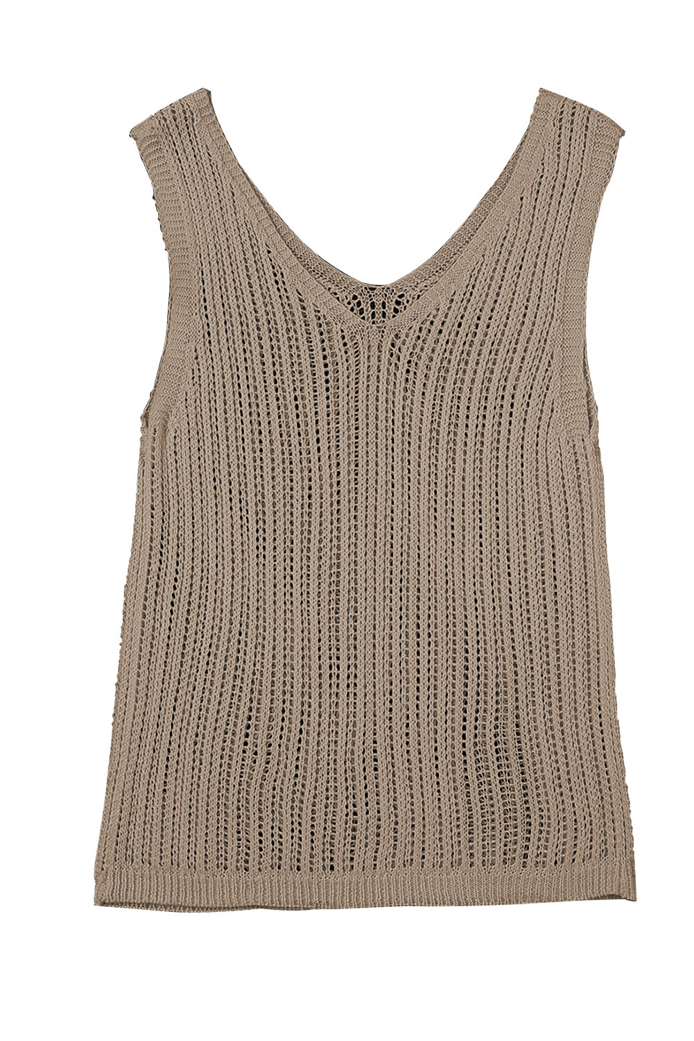 Khaki Hollowed Knit V Neck Tank Top Tank Tops JT's Designer Fashion