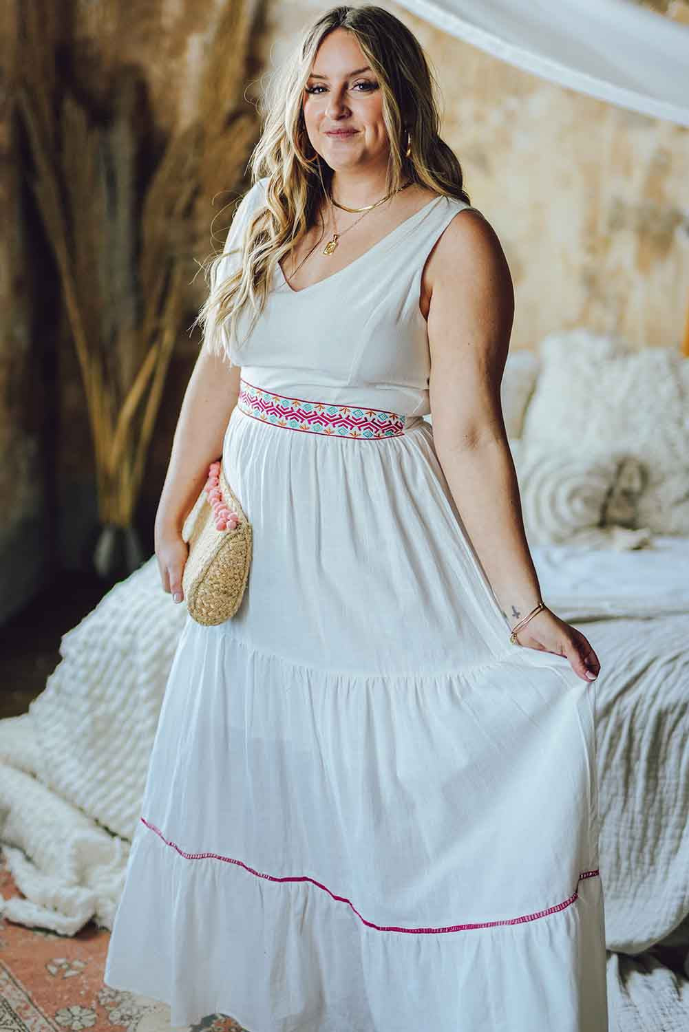 White Embroidered Knotted Open Back Plus Size Maxi Dress Plus Size JT's Designer Fashion