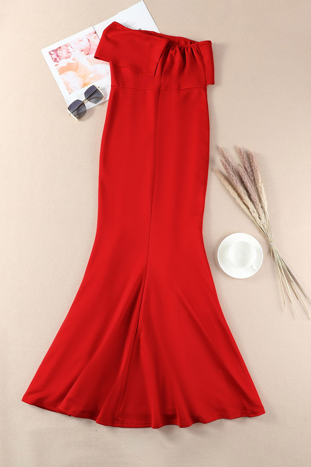 Red Off The Shoulder One Sleeve Slit Maxi Prom Dress Evening Dresses JT's Designer Fashion