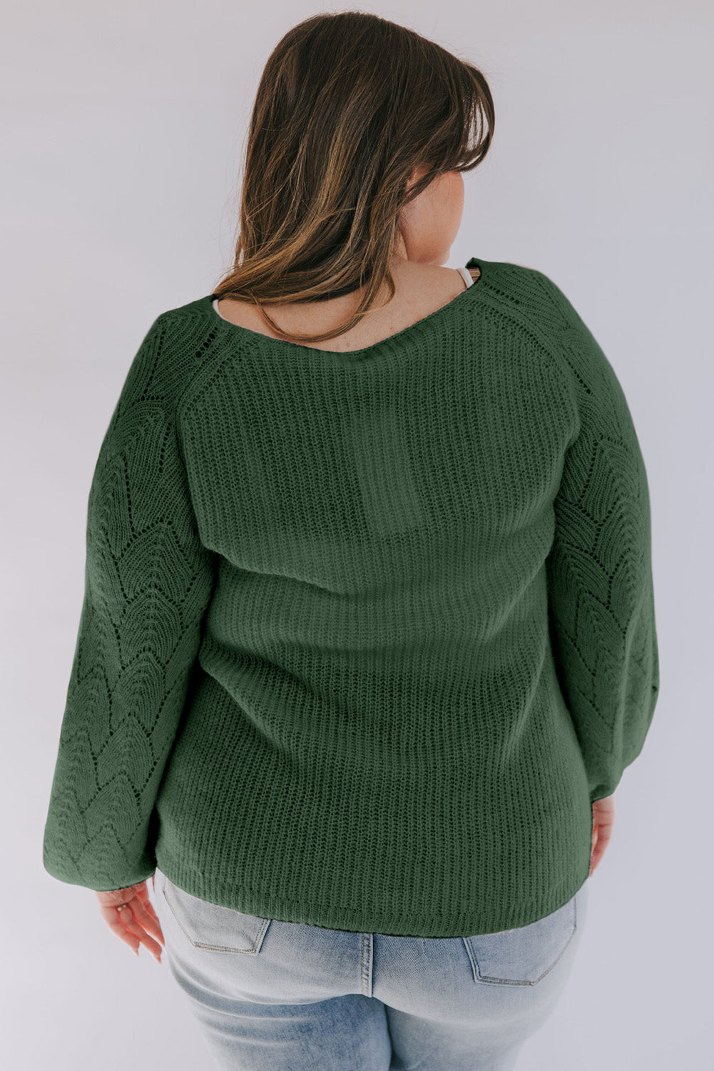 Green Contrast Lace V Neck Puff Sleeve Curvy Sweater Plus Size JT's Designer Fashion