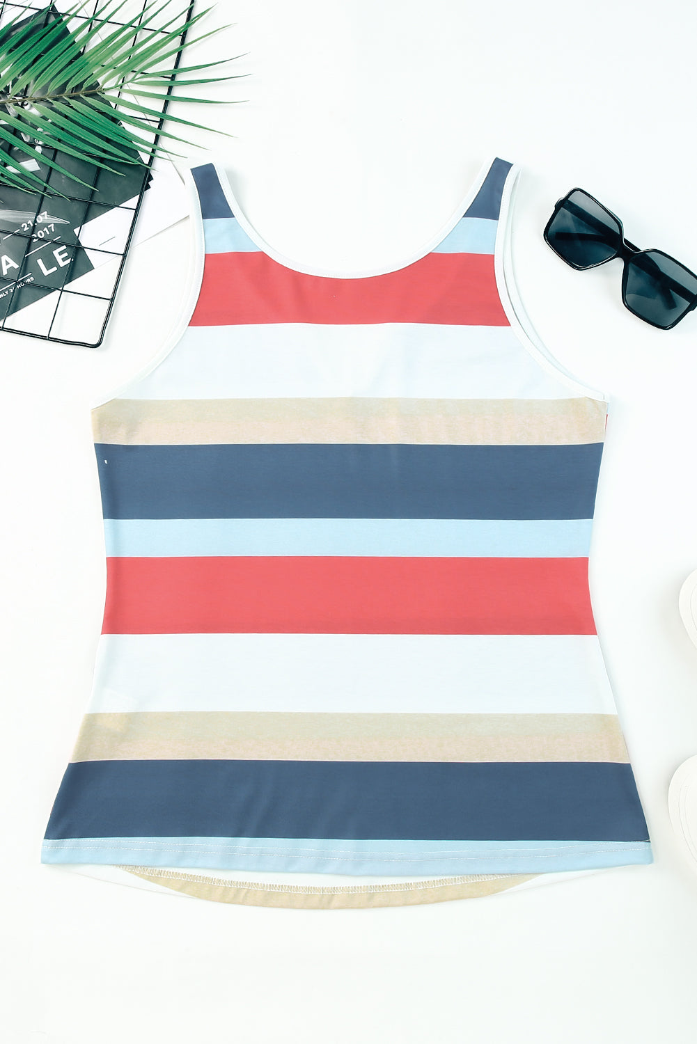 Multicolor Striped Color Block Notched Neck Tank Top Tank Tops JT's Designer Fashion