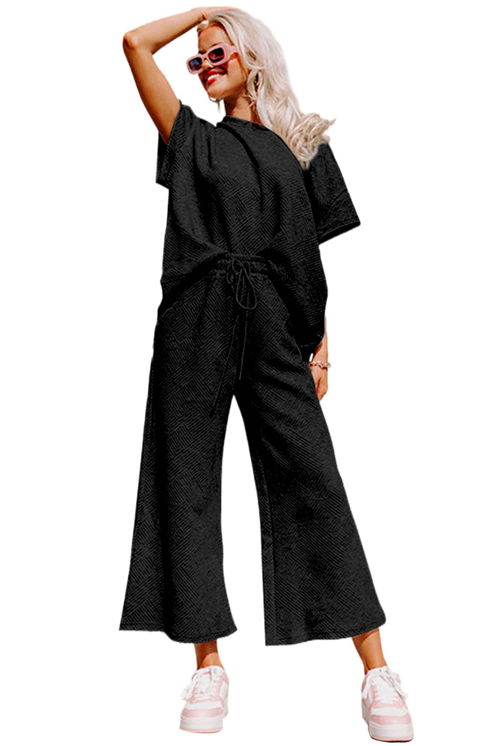 Black Textured Loose Fit T Shirt and Drawstring Pants Set Bottoms JT's Designer Fashion