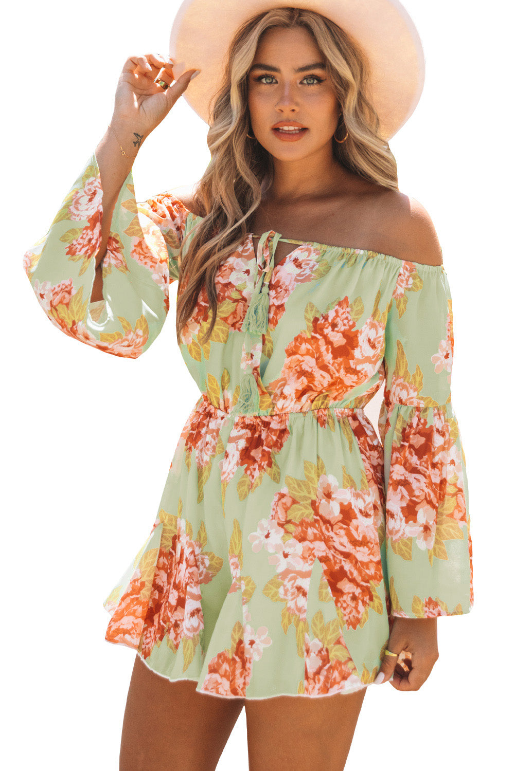 Floral Off the Shoulder Bell Sleeve Romper Jumpsuits & Rompers JT's Designer Fashion