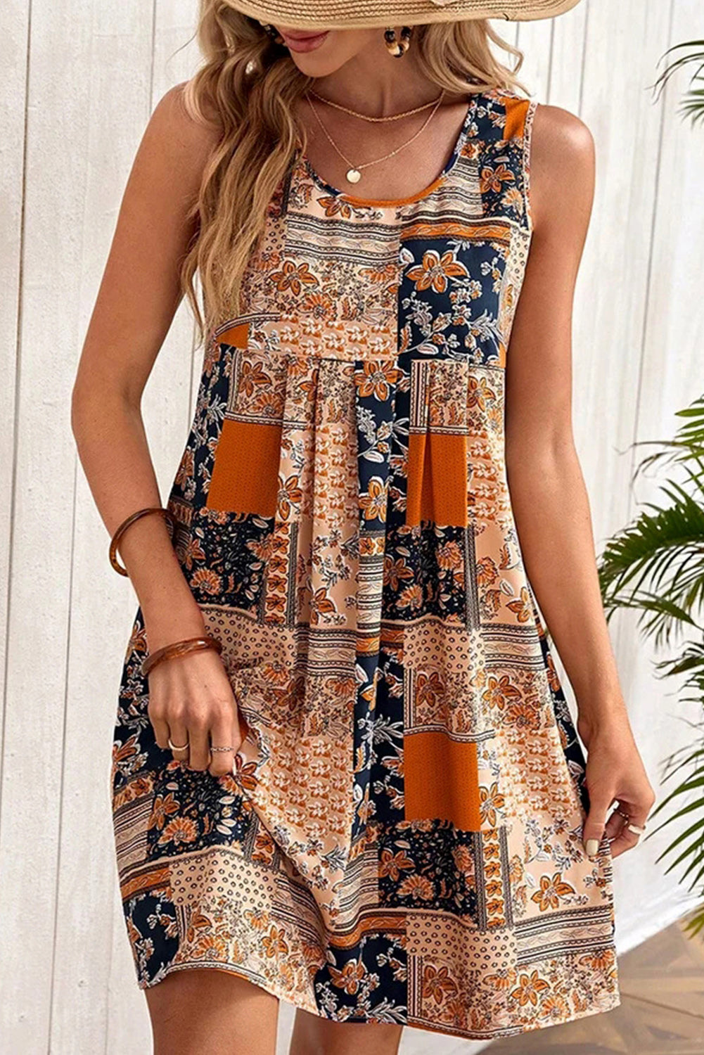 Orange Retro Floral Patchwork Print Sleeveless Mini Dress Floral Dresses JT's Designer Fashion