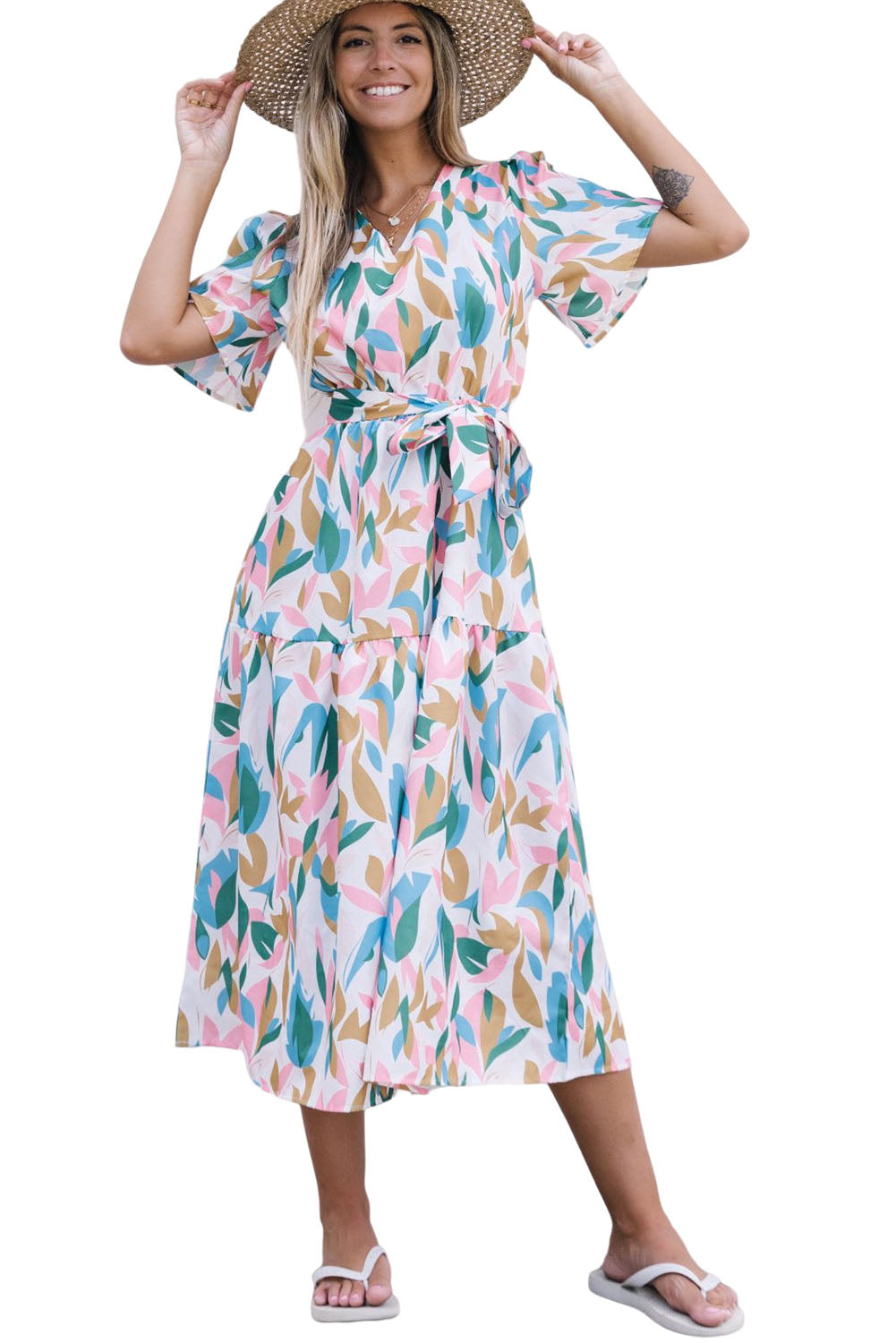 Multicolor V Neck Short Sleeves Boho Tropical Print Long Dress Floral Dresses JT's Designer Fashion