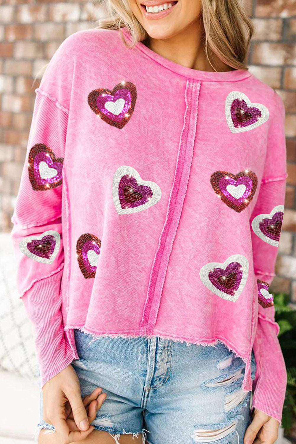 Rose Sequin Heart Shaped Exposed Seam Pullover Sweatshirt Graphic Sweatshirts JT's Designer Fashion