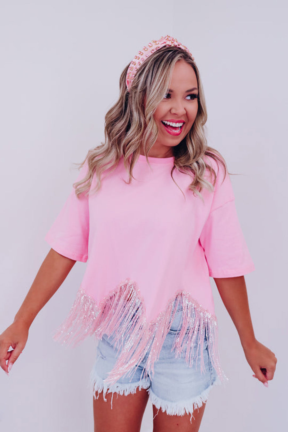 Pink Fringed Sequin Crop T-shirt Tops & Tees JT's Designer Fashion