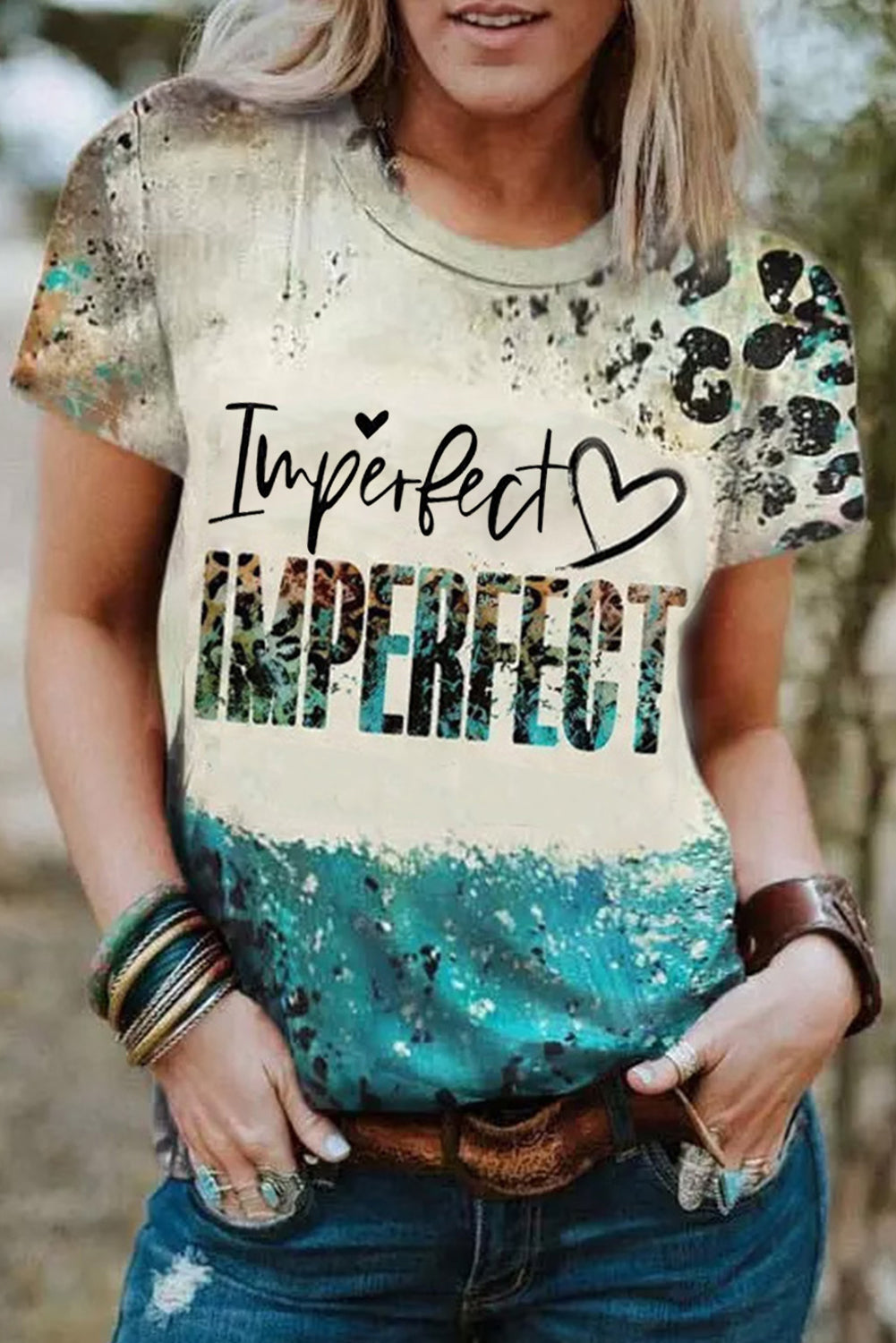 Sky Blue IMPERFECT Western Fashion Letters Graphic Tee Tops & Tees JT's Designer Fashion