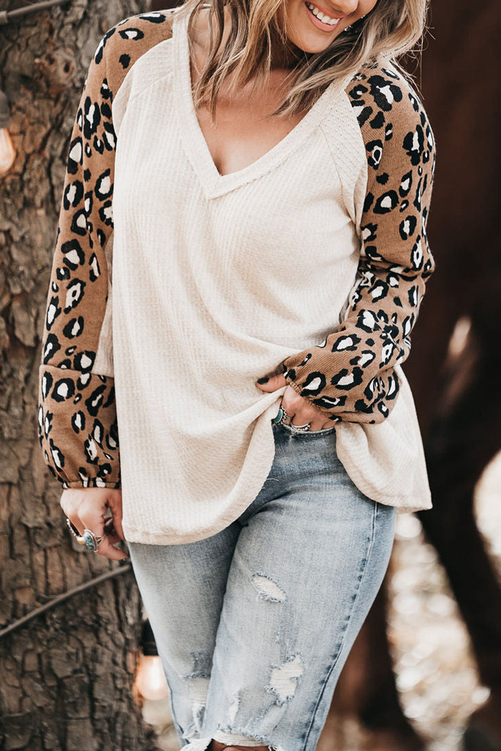 Beige Printed Plus Waffle Knit Contrast Leopard Long Sleeve Top Plus Size JT's Designer Fashion