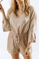 Khaki Sequin Patchwork Drawstring High Waist Romper Jumpsuits & Rompers JT's Designer Fashion