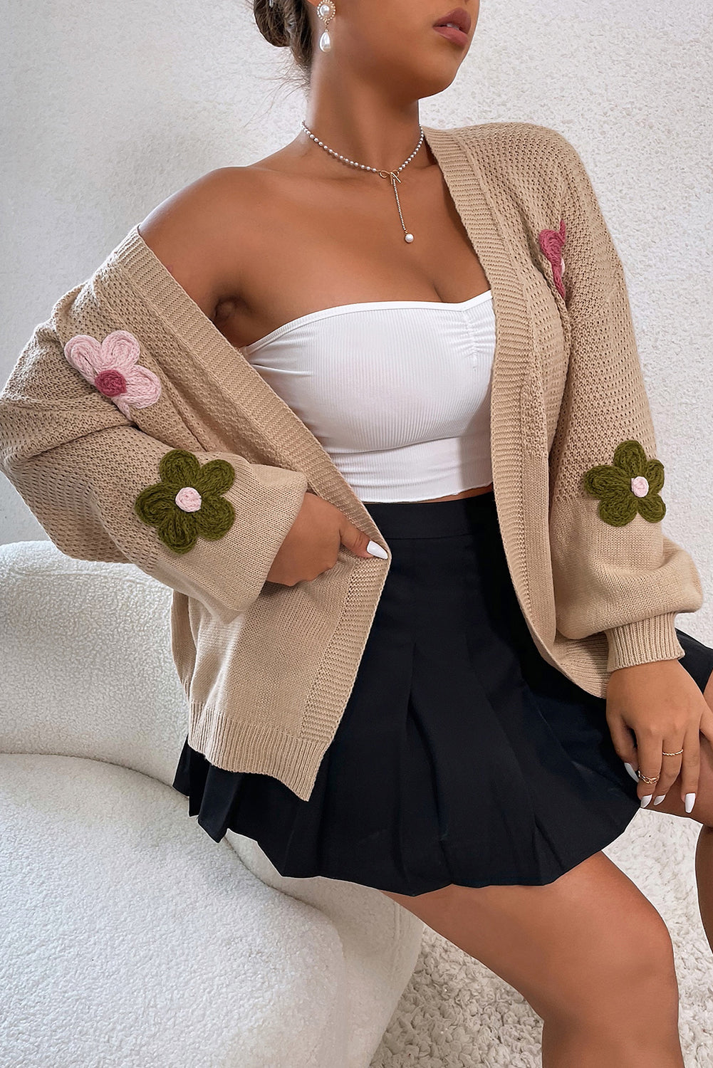 Smoke Gray Floral Applique Drop Shoulder Bubble Sleeve Cardigan Pre Order Sweaters & Cardigans JT's Designer Fashion