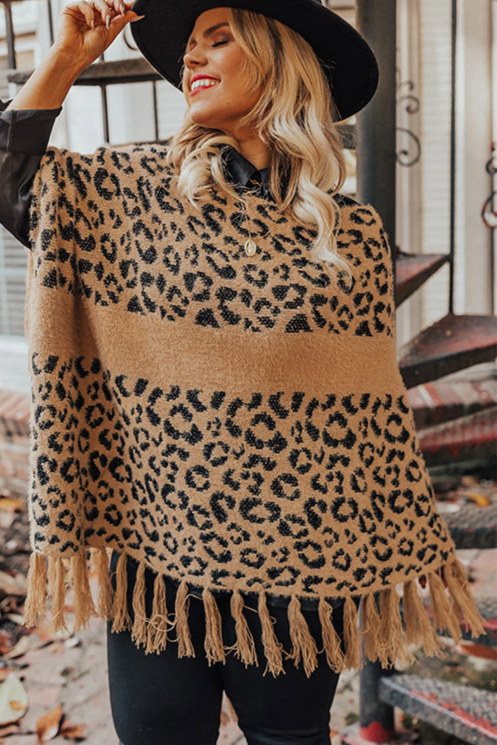 Leopard Fringed Trim Plus Size Cape Plus Size JT's Designer Fashion