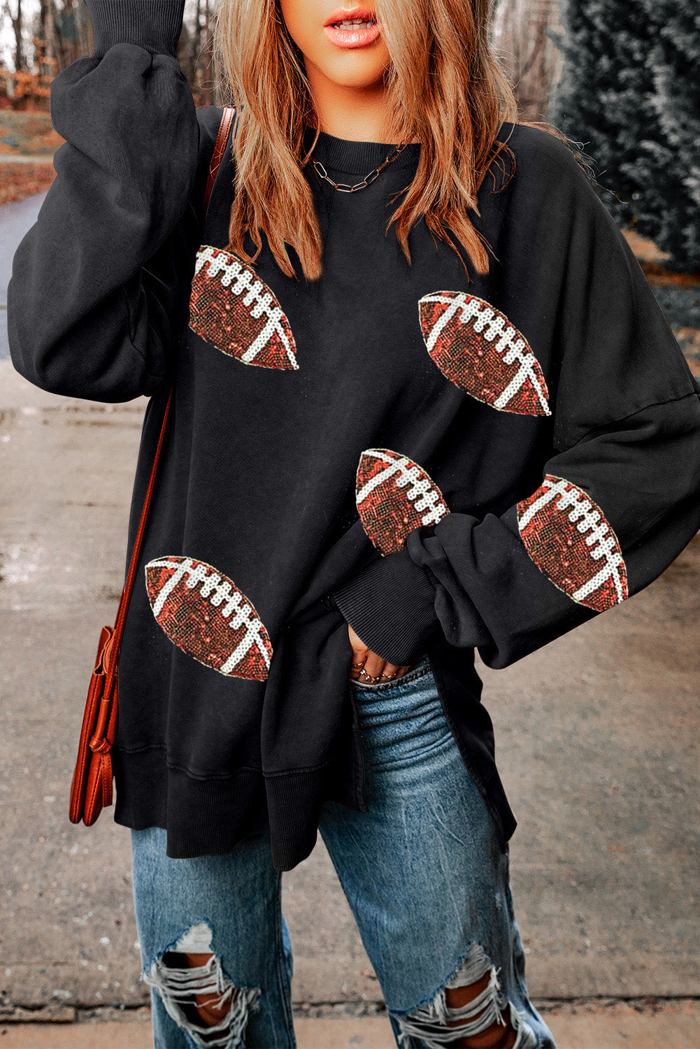 Black Rugby Print Side Split Loose Fit Sweatshirt Graphic Sweatshirts JT's Designer Fashion