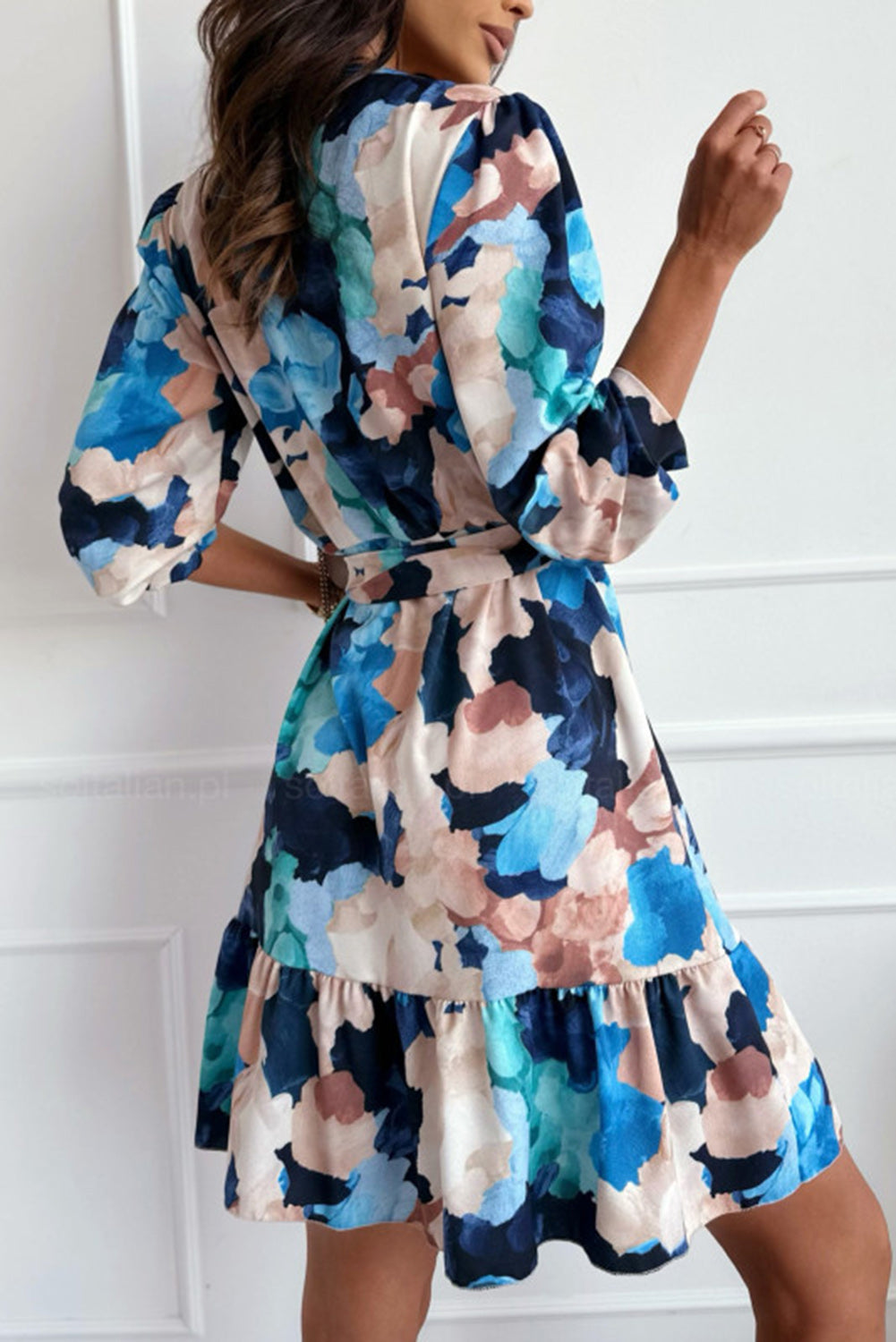 Blue Abstract Floral Long Sleeve Tied Ruffle Dress Dresses JT's Designer Fashion