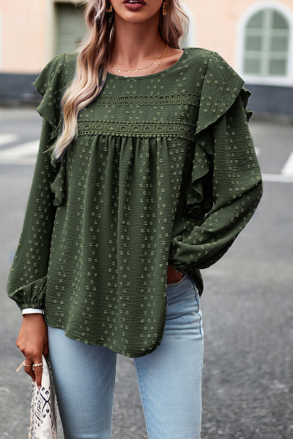 Blackish Green Lace Eyelet Ruffle Shoulder Long Sleeve Blouse Tops & Tees JT's Designer Fashion