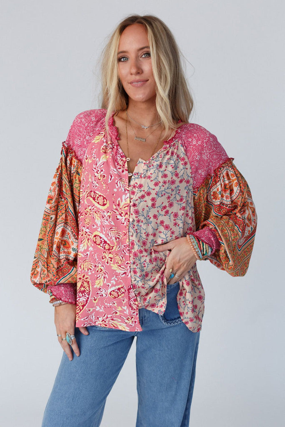 Pink Mixed Floral Printed Puff Sleeve V-Neck Shirt Tops & Tees JT's Designer Fashion