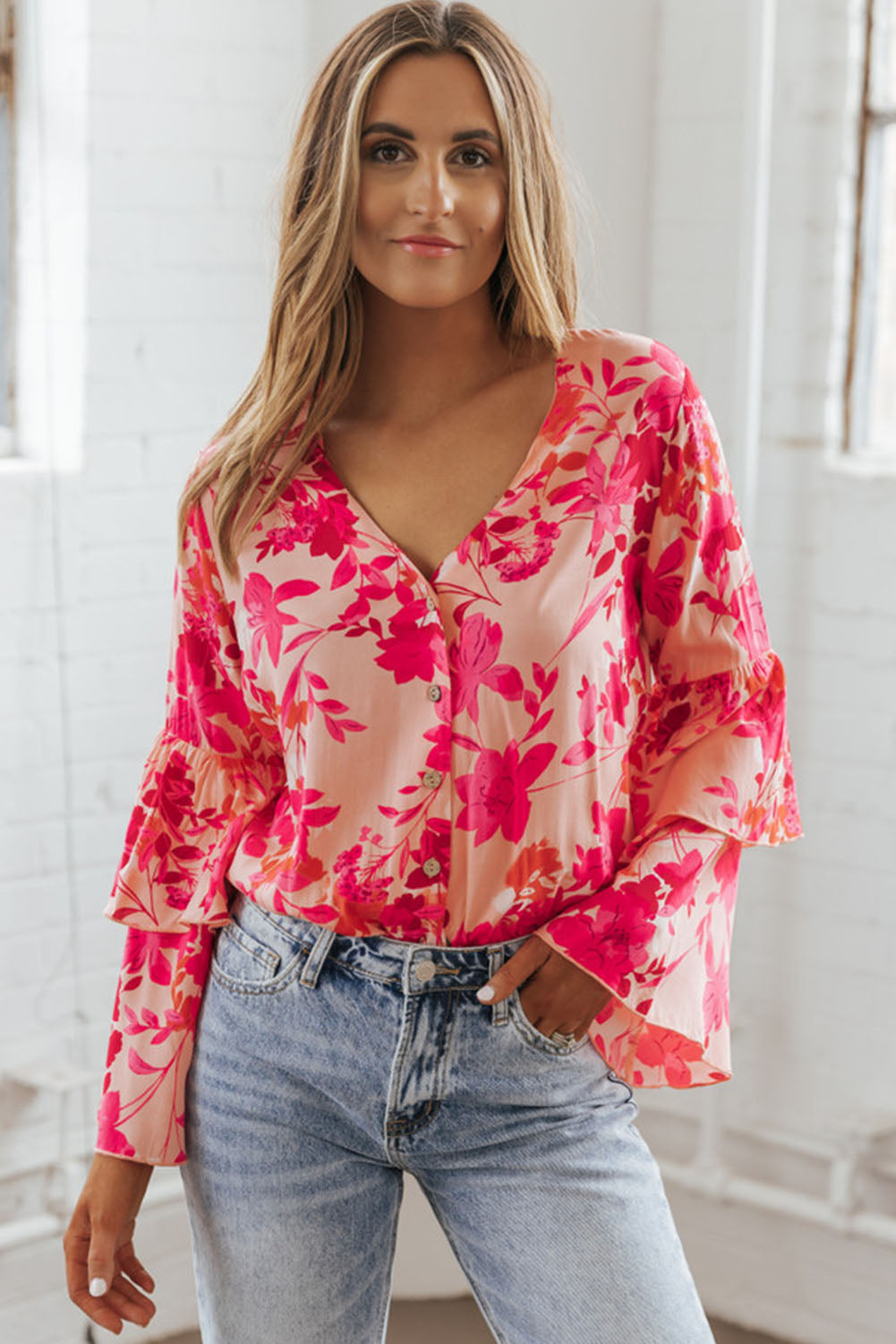 Pink Floral Double Bell Long Sleeve Buttoned Bodysuit Tops & Tees JT's Designer Fashion