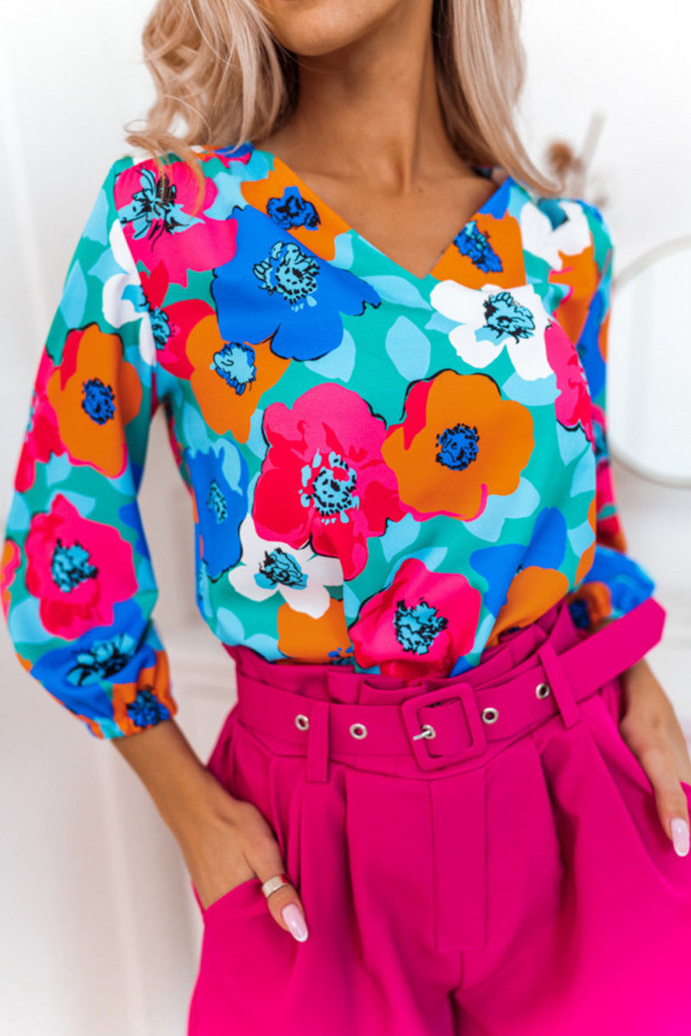 Multicolor Floral Print V Neck 3/4 Sleeve Blouse Multicolor 1-2-2-2 100%Polyester Blouses & Shirts JT's Designer Fashion