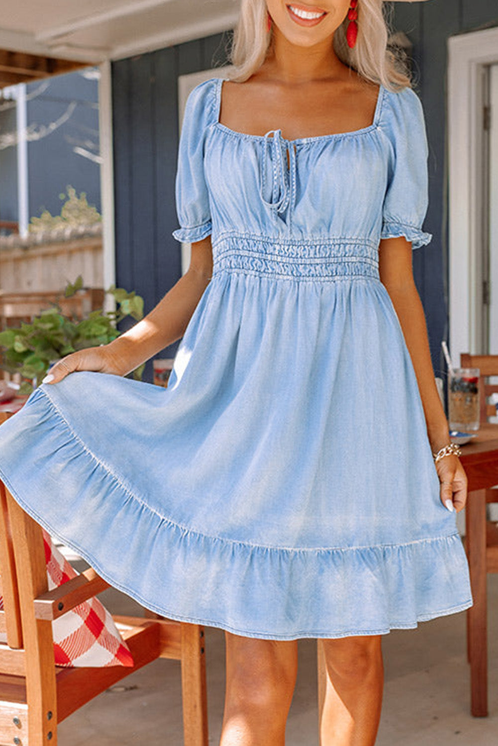 Sky Blue Square Neck Front Tie Ruffled Hem Chambray Dress Mini Dresses JT's Designer Fashion