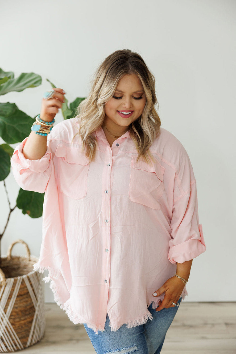 Pink Flap Pocket Tab Sleeve Button-Down Plus Size Shirt Plus Size JT's Designer Fashion