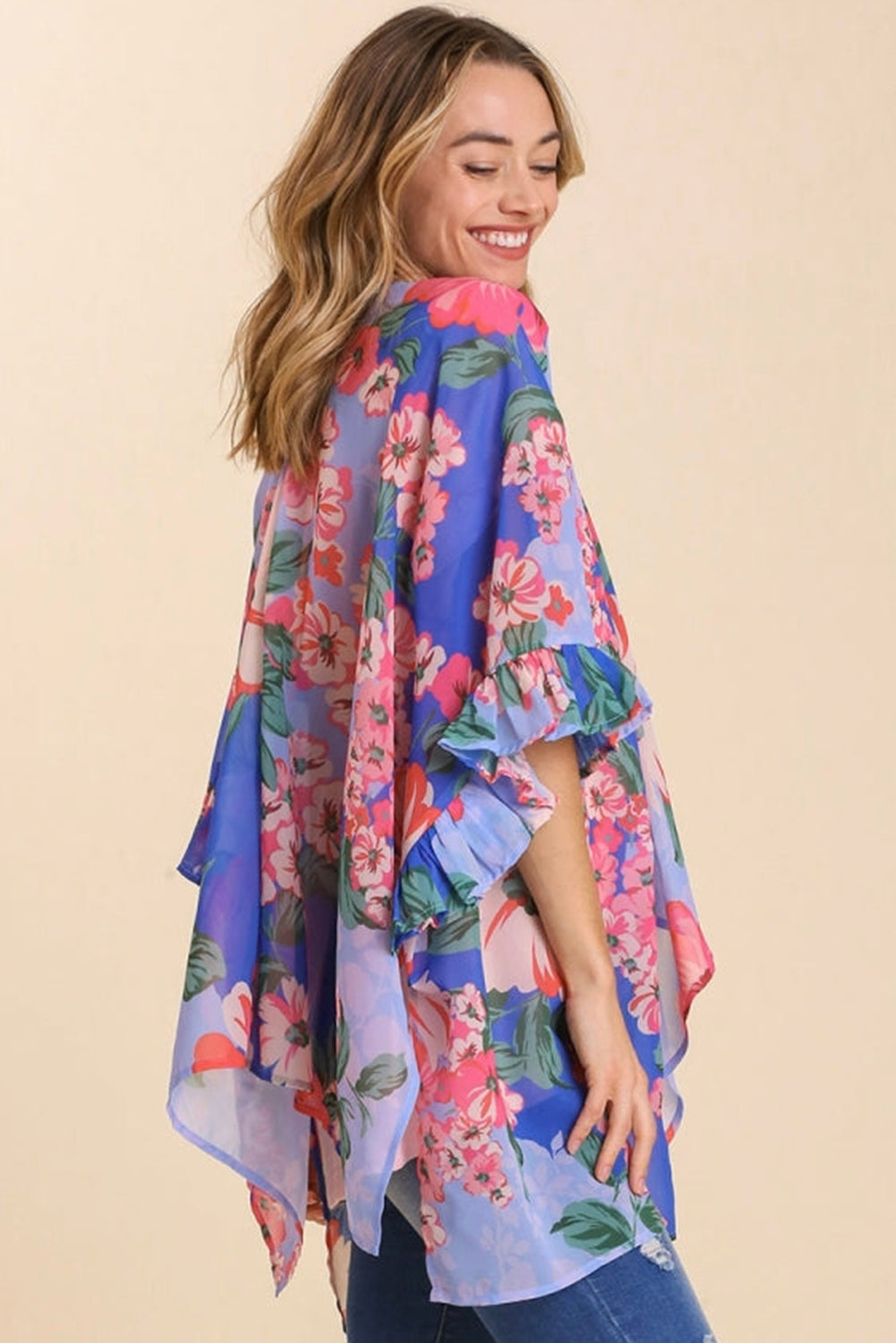 Sky Blue Floral Print Ruffled 3/4 Sleeve Loose Fit Kimono Kimonos JT's Designer Fashion