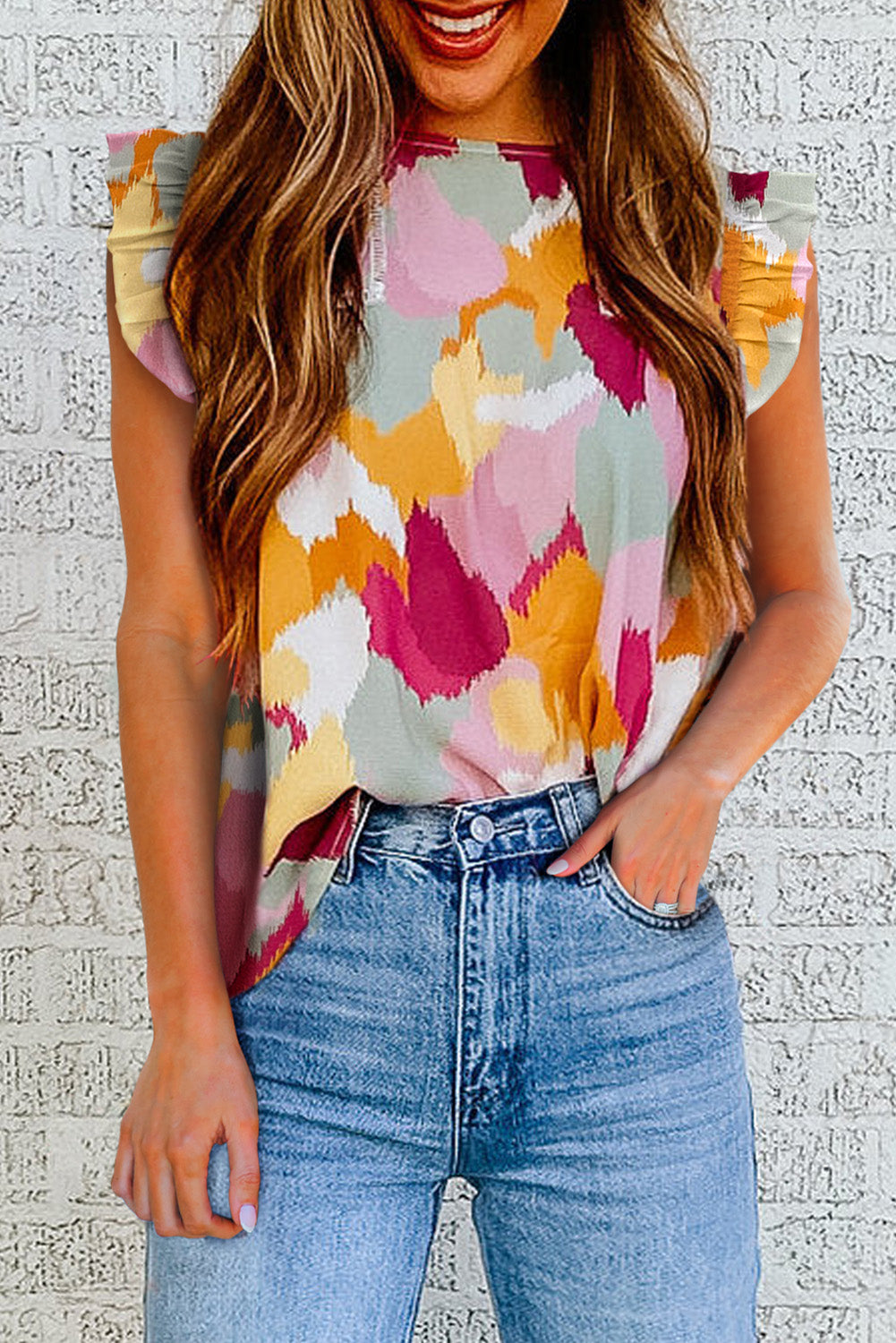 Multicolor Abstract Printed Flutter Tank Multicolor 97%Polyester+3%Elastane Tank Tops JT's Designer Fashion