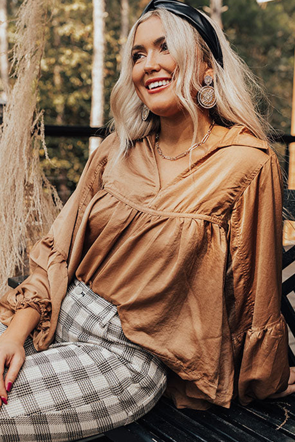 Brown Puff Sleeve Collared Pleated Babydoll Blouse Blouses & Shirts JT's Designer Fashion