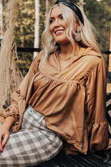 Brown Puff Sleeve Collared Pleated Babydoll Blouse Blouses & Shirts JT's Designer Fashion