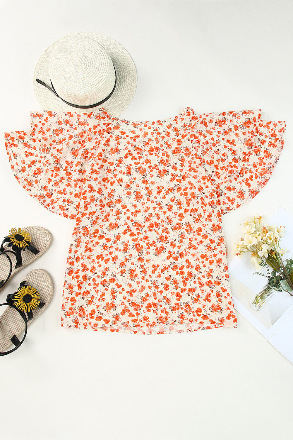 Orange Floral Tiered Flutter Sleeve Blouse Blouses & Shirts JT's Designer Fashion