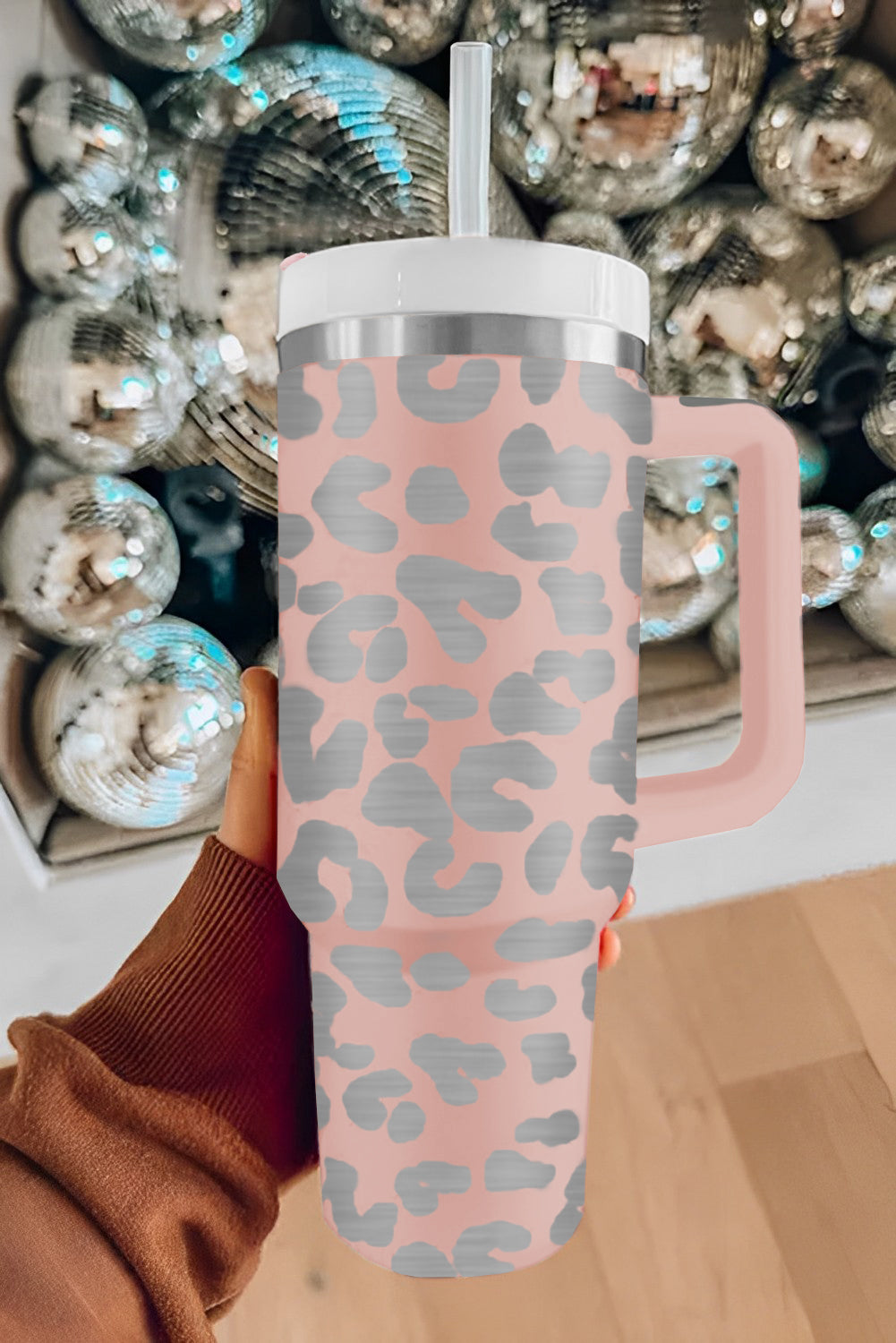 Pink Leopard Print 40OZ Stainless Steel Portable Cup with Handle Tumblers JT's Designer Fashion