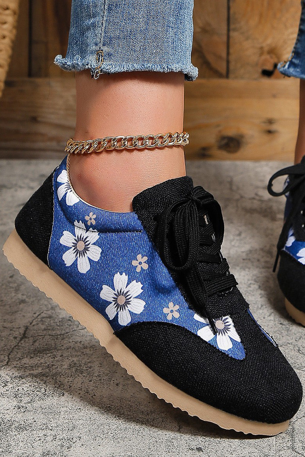 Black Floral Patchwork Lace-up Linen Sneakers Women's Shoes JT's Designer Fashion