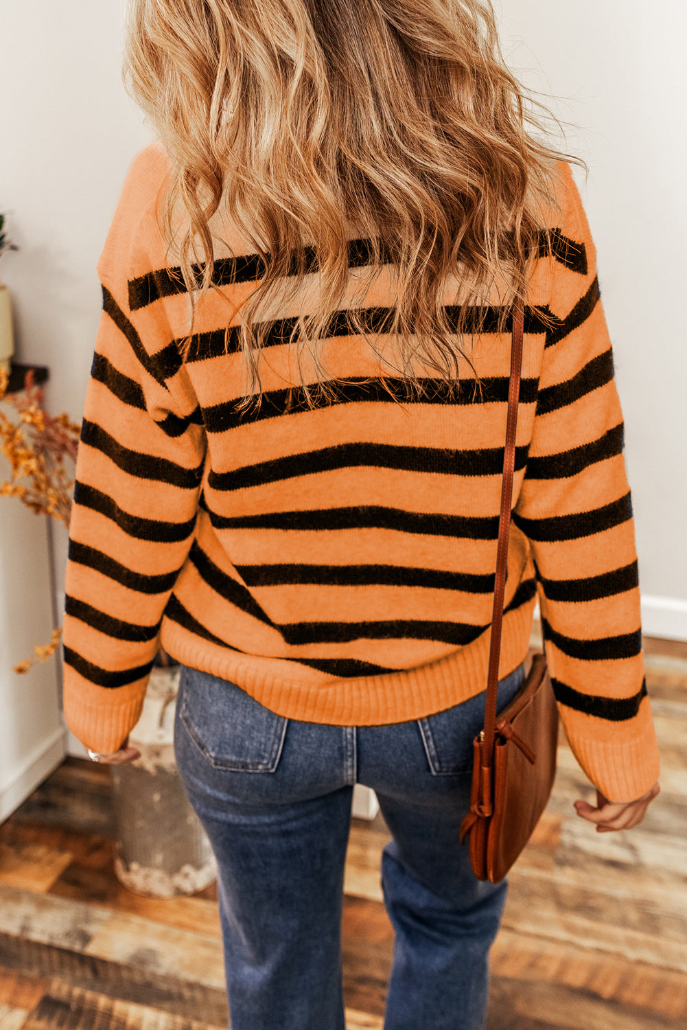 Russet Orange Striped Knit Drop Shoulder Collared V Neck Sweater Pre Order Sweaters & Cardigans JT's Designer Fashion