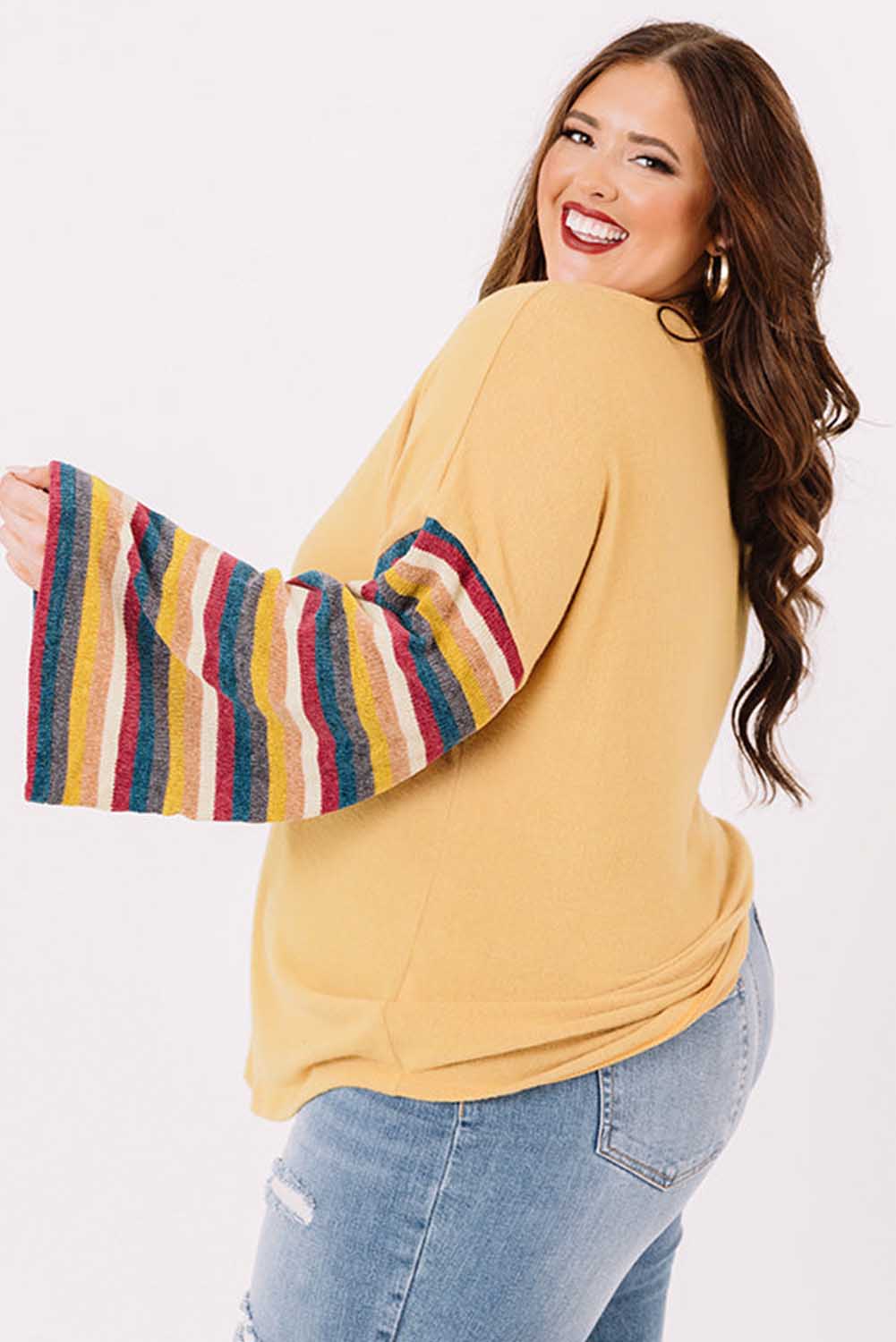 Yellow Serape Striped Bell Sleeve Plus Size Sweater Plus Size JT's Designer Fashion