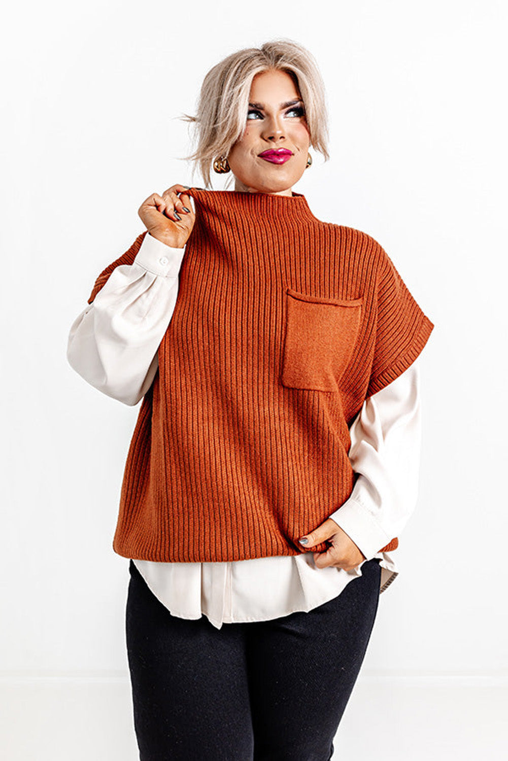 Gold Flame sharp-witted-sweater-top-in-rust-curves Plus Size JT's Designer Fashion