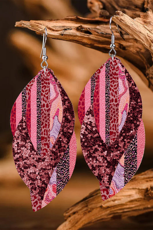 Rose Leopard Sequin Mix Pattern Leafy Layered Earrings Jewelry JT's Designer Fashion