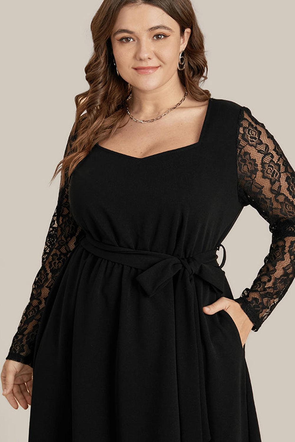 Black Plus Size Sheer Lace Sleeve Belted Ruffle Midi Dress Plus Size JT's Designer Fashion