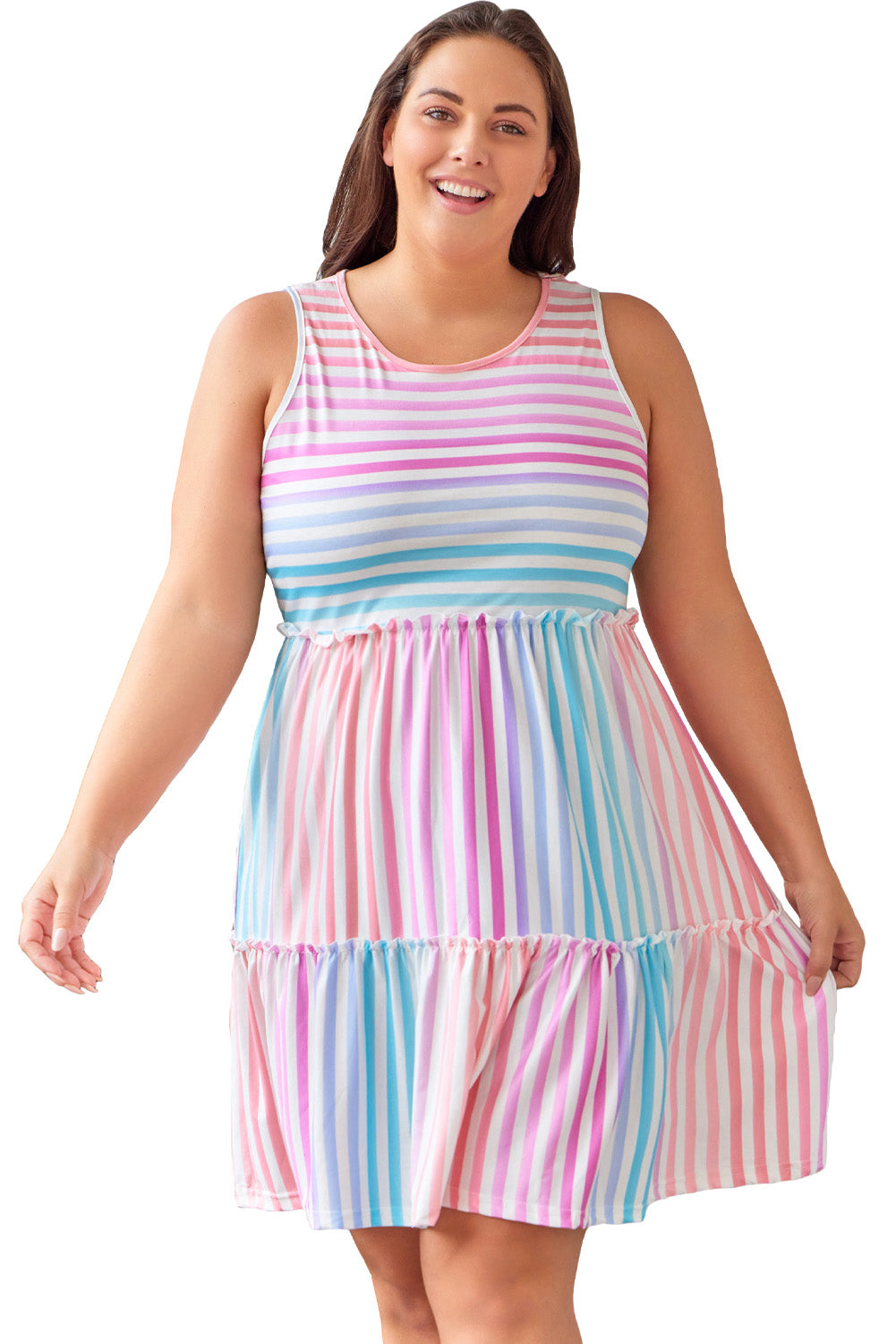 Multicolor Ombre Striped Sleeveless Tiered Plus Size Dress Plus Size Dresses JT's Designer Fashion