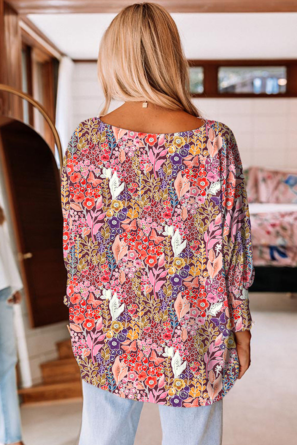 Multicolor Floral Print Shirred 3/4 Sleeve Tunic Blouse Blouses & Shirts JT's Designer Fashion