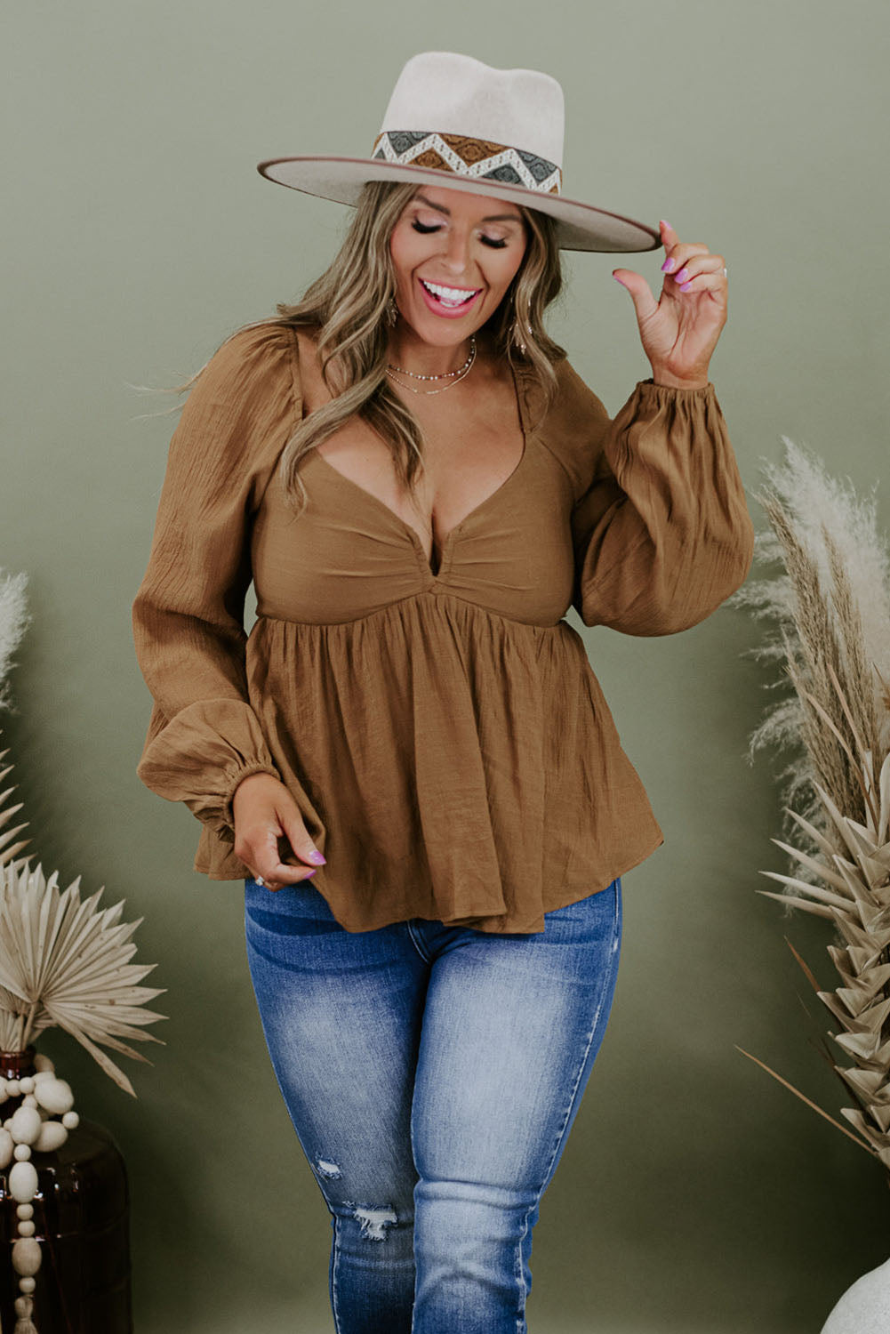 Khaki V-Neck Long Sleeve Shirred Peplum Plus Size Blouse Plus Size JT's Designer Fashion