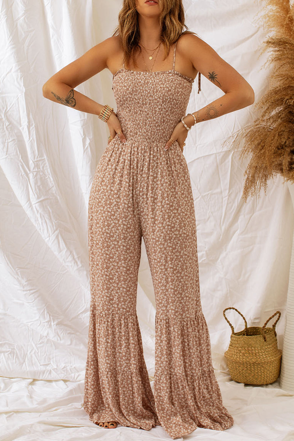 Khaki Thin Straps Smocked Bodice Wide Leg Floral Jumpsuit Jumpsuits & Rompers JT's Designer Fashion