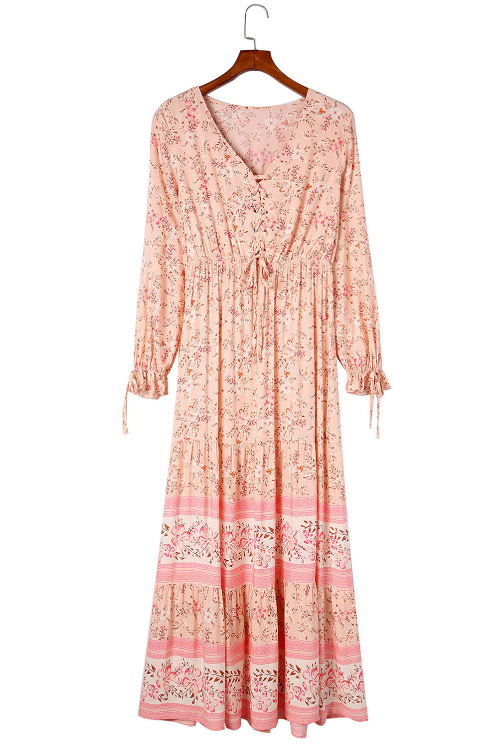 Orange Drawstring Lace-up V Neck Long Sleeve Floral Maxi Dress Maxi Dresses JT's Designer Fashion