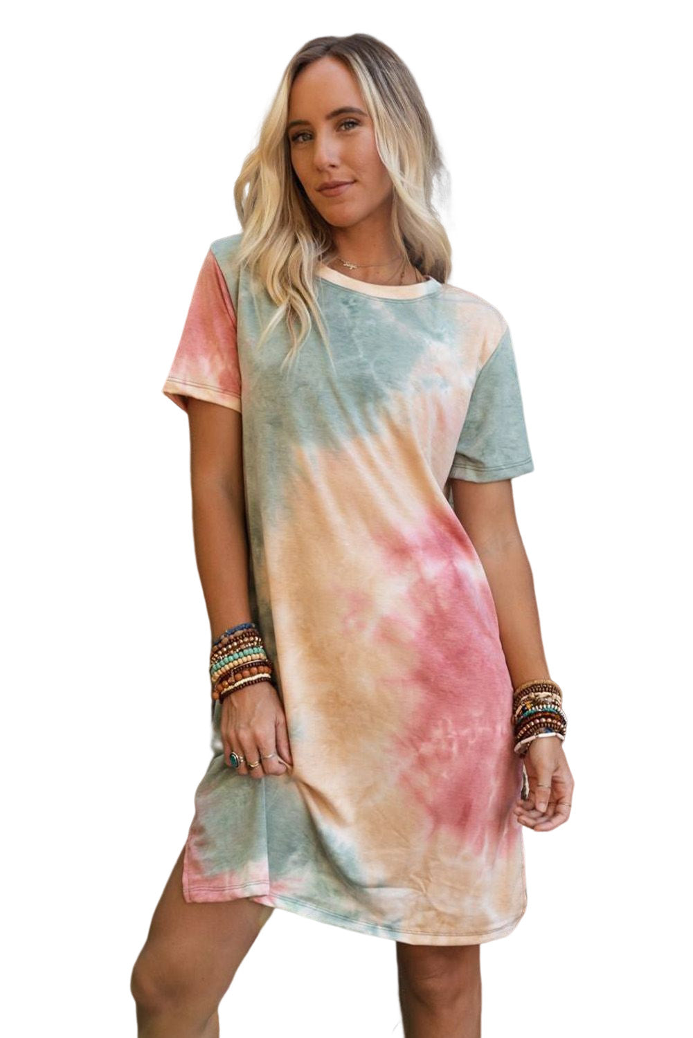 Multicolor Tie Dye Oversized Slit Tee Dress T Shirt Dresses JT's Designer Fashion